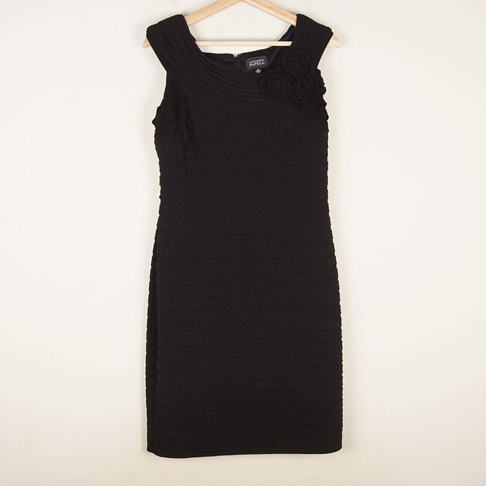 Adrianna Papell Black pleated Floral Applique Knit Pencil Dress Womens Sz 14